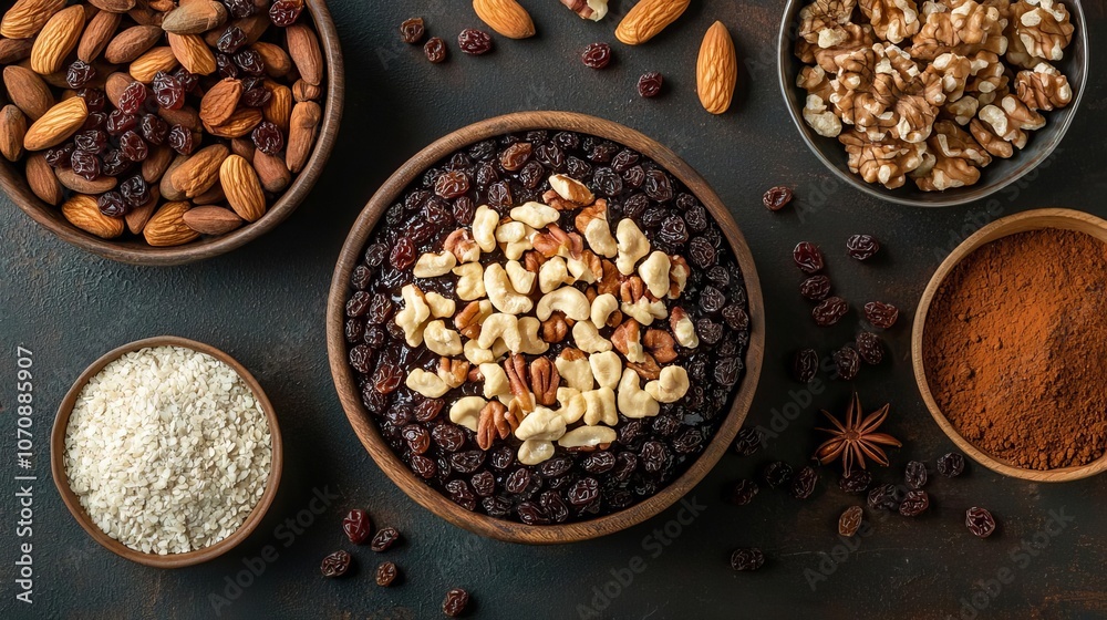 Ingredients for Christmas pudding laid out raisins, currants, nuts, spices, vintage kitchen table setting, festive preparation concept Ingredients for Christmas pudding laid out raisins, currants, nuts, spices, vintage kitchen table setting, festive preparation concept