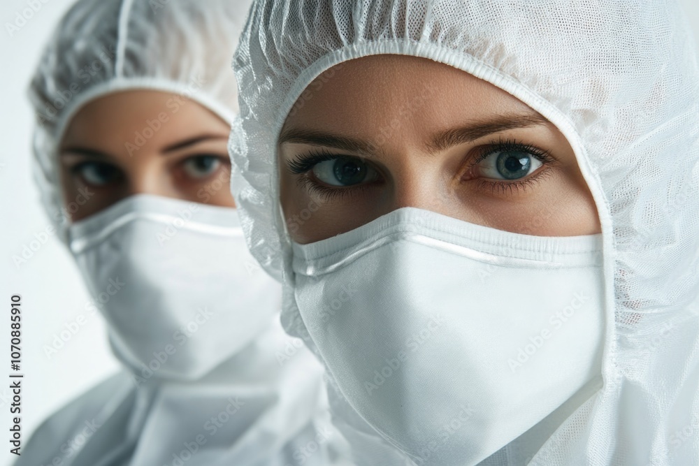 Two women in hazmat suits and face masks working together Two women in hazmat suits and face masks working together