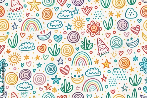 seamless pattern with cream. Fun colorful line doodle seamless pattern. Creative minimalist style art background for children or trendy design with basic shapes. Simple childish scribble backdrop.