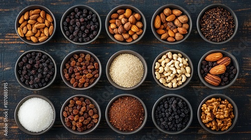 Ingredients for Christmas pudding laid out raisins, currants, nuts, spices, vintage kitchen table setting, festive preparation concept