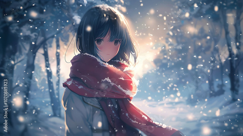 Cute Anime Girl in Snowy Landscape