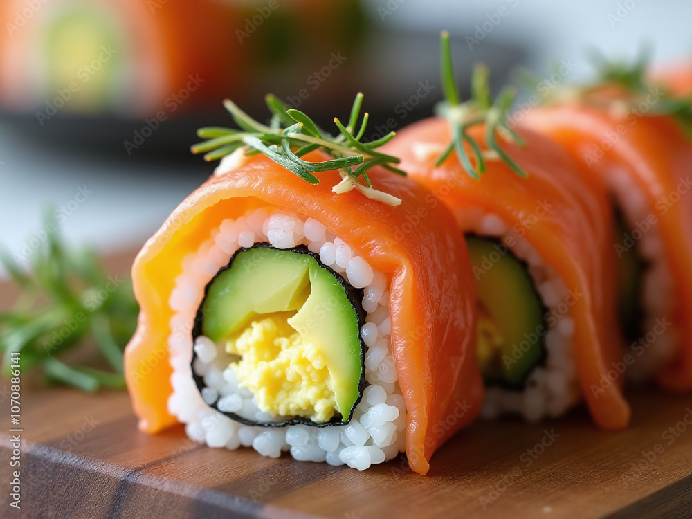 eakfast twist on traditional sushi features a rolled combination of scrambled eggs avocado and smoked salmon wrapped in nori and Japanese rice eakfast twist on traditional sushi features a rolled combination of scrambled eggs avocado and smoked salmon wrapped in nori and Japanese rice