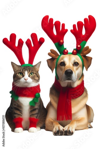 Christmas Cat and Dog in Reindeer Antlers and Scarf