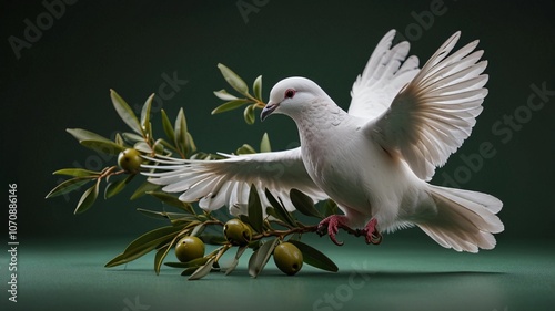 White dove with an olive branch, symbolizing peace. isolated on a solid chromakey background. photo