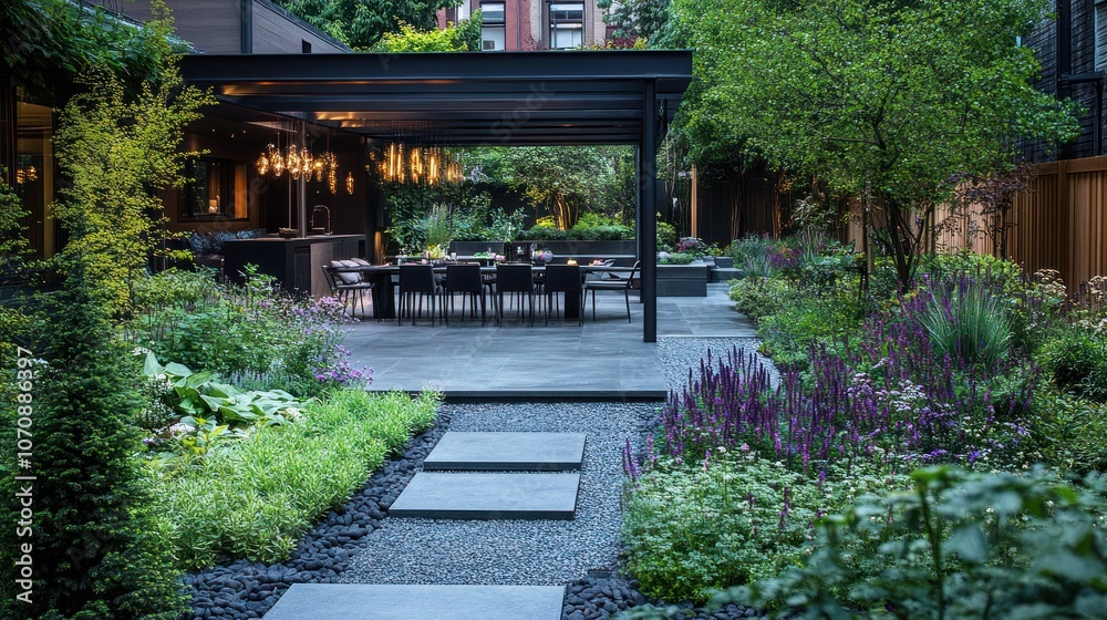 Fototapeta premium A serene garden space with modern seating and lush greenery for relaxation and gatherings.