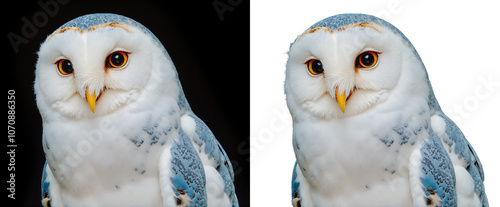 a close-up of a barn owl's face, showcasing its striking features, on black or transparent alpha background