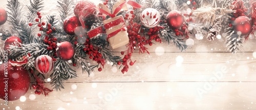 A rustic wooden background decorated with ornaments and a Christmas tree branch, with gentle snow falling on the ground, perfect for creating holiday-themed cards, banners, or social media graphics photo