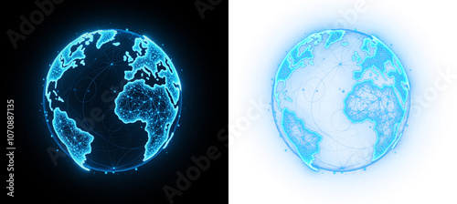 a glowing blue globe with network lines and dots forming a sphere, on black or transparent alpha background
