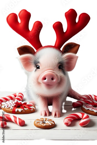 Cute Piglet in Reindeer Antlers with Christmas Treats
