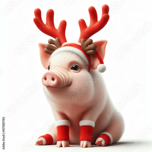 Cute Christmas Piglet Wearing Reindeer Antlers and Santa Hat