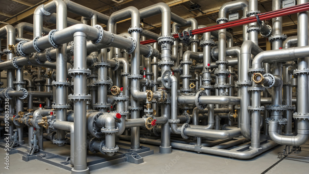 a large room filled with metallic pipes and valves a large room filled with metallic pipes and valves