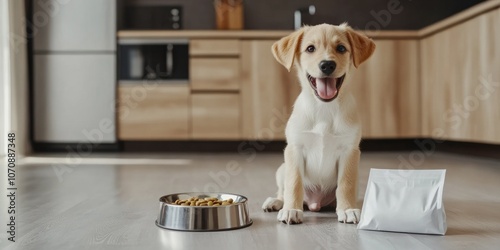 A cheerful puppy sits contently beside an empty dog bowl looking up expectantly next to a simple mockup bag of dog food in a stylish kitchen environment photo