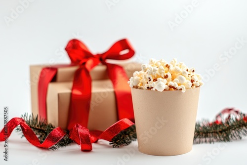 A cup of popcorn next to a gift box on a table
