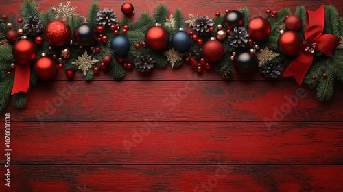 a christmas garland on red wood