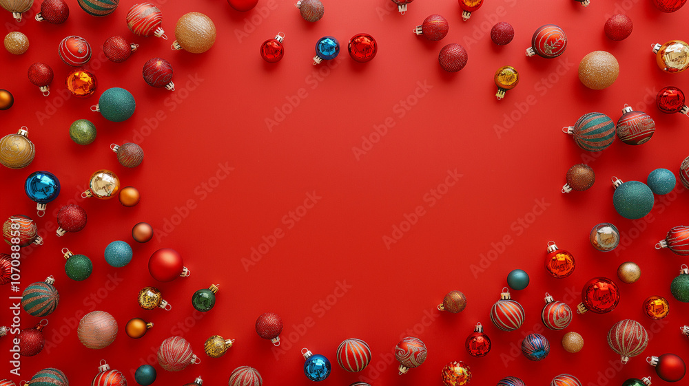 Christmas background. Top view of New Year composition of multicolored Christmas balls on red background. Holiday background. Christmas tree toys on bright background. Space for text