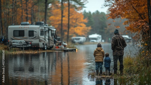 A father and two children stand at the water's edge, admiring the stunning autumn colors and recreational vehicles parked nearby. The peaceful atmosphere enhances their outing.