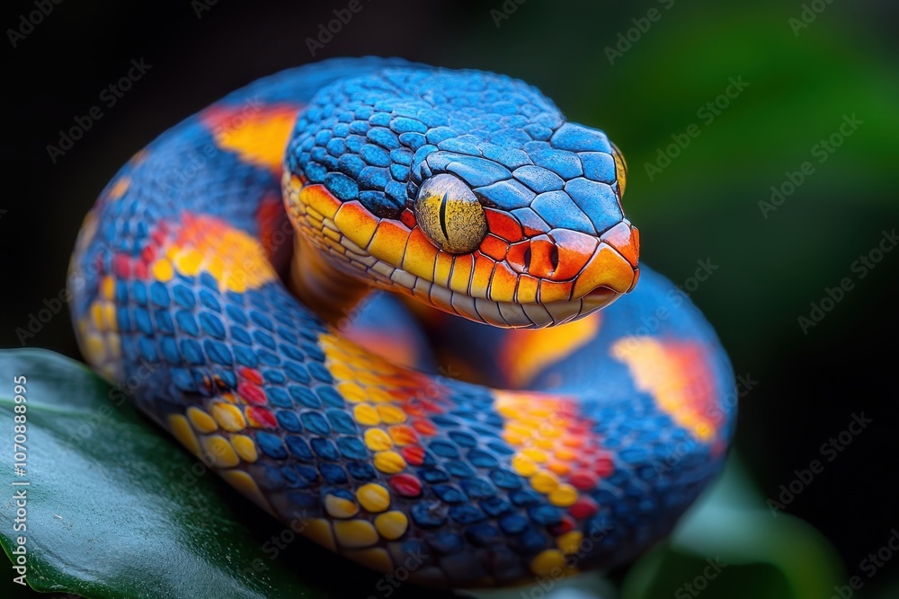 Obraz premium A Vibrant Colorful Snake Featuring Bright Blue, Red, and Yellow Hues