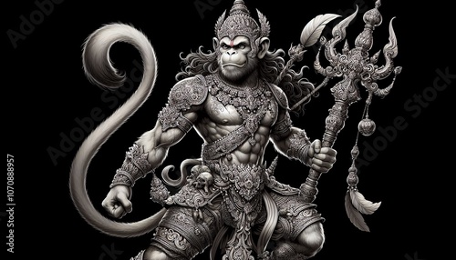Powerful Hindu Deity Hanuman Illustration with Ornate Details