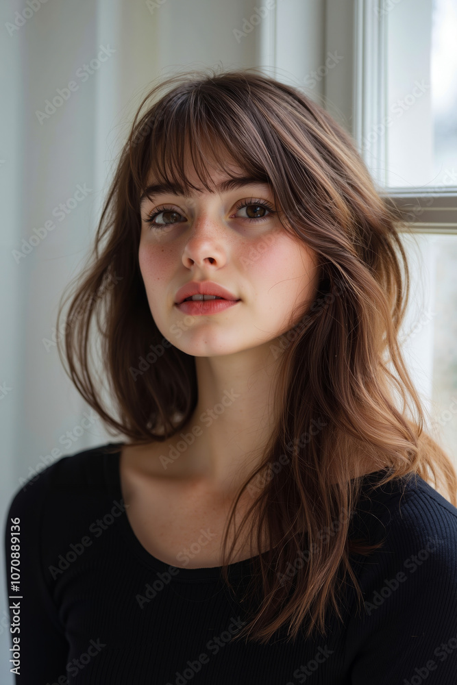 A woman with long brown hair and bangs looking out a window A woman with long brown hair and bangs looking out a window