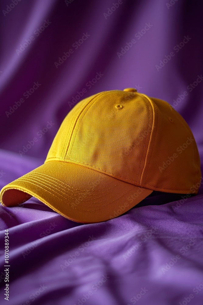 Yellow Baseball Cap on Purple Fabric Background Yellow Baseball Cap on Purple Fabric Background