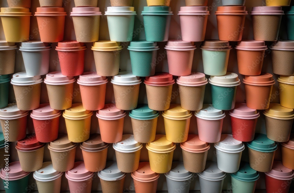 many disposable coffee cups with white lid on plain surface many disposable coffee cups with white lid on plain surface
