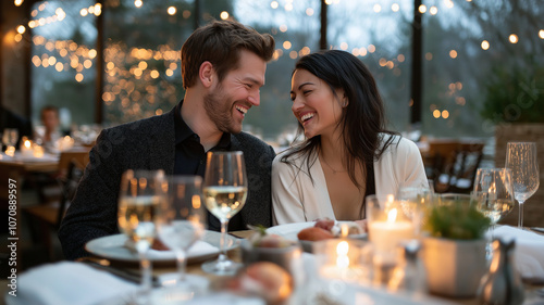 joyful couple enjoying romantic dinner with soft lighting and candles