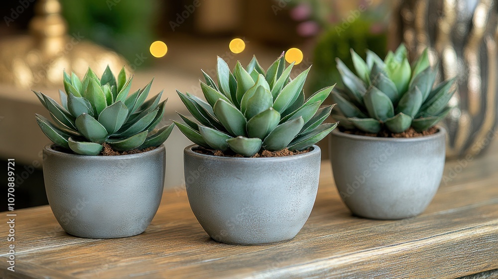 Three potted succulents on a wooden surface. Three potted succulents on a wooden surface.