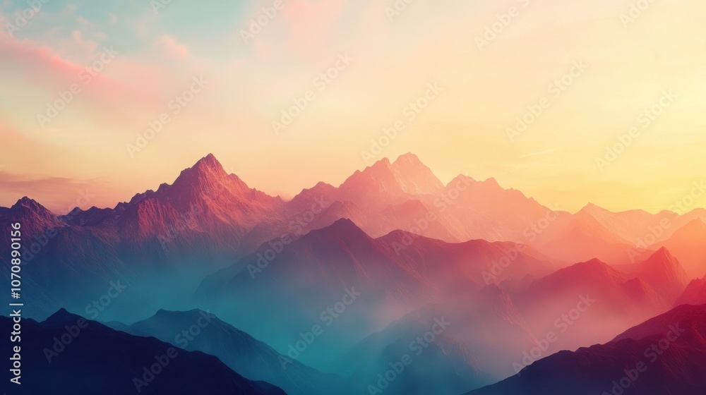 Colorful painting of mountain peaks at sunrise, soft gradient colors, gentle brushstrokes Colorful painting of mountain peaks at sunrise, soft gradient colors, gentle brushstrokes