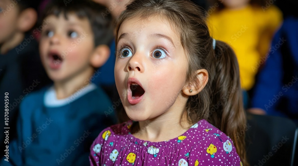 A young girl with wide eyes and an open mouth looks up in amazement, seemingly surprised by something she's watching. A young girl with wide eyes and an open mouth looks up in amazement, seemingly surprised by something she's watching.