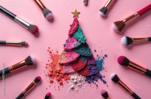 makeup brushes and eyeshadows in Christmas tree shape on pink background