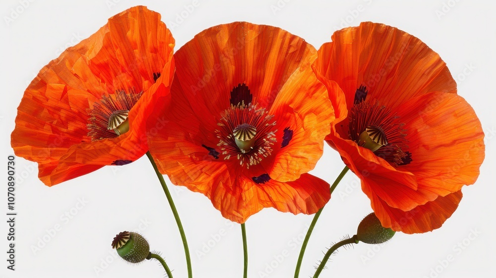 Fototapeta premium A close up of three bright orange poppy flowers in full bloom with green buds, showcasing their vivid color and delicate petals.