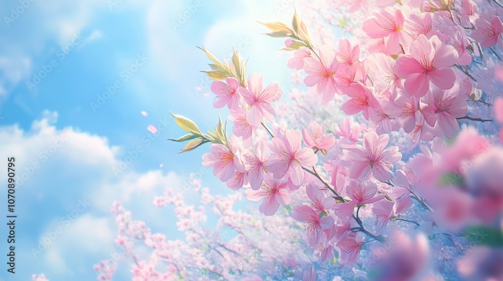 Naklejka premium Lively painting of blooming cherry blossoms, pink petals against blue sky, soft background