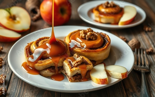 Caramel is being poured over cinnamon rolls and apple slices on a white plate photo