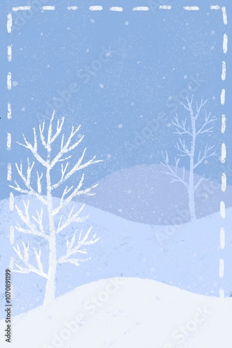 Winter village landscape. A series of art in blue and white for backgrounds, postcards, letters