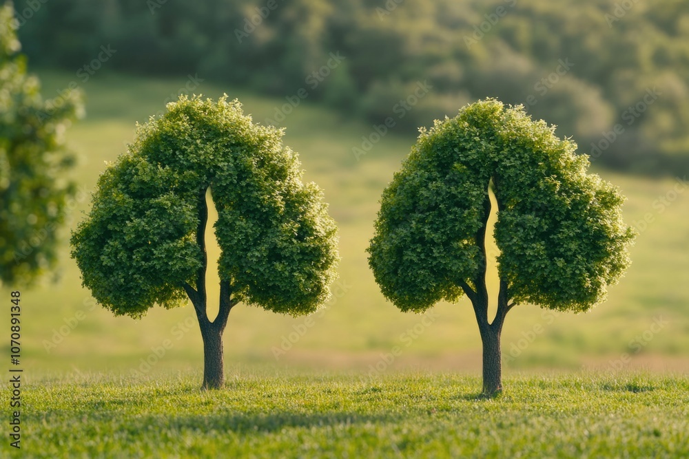 Lush green field with two trees sitting on the surface, natural setting for outdoor activities or landscape design Lush green field with two trees sitting on the surface, natural setting for outdoor activities or landscape design