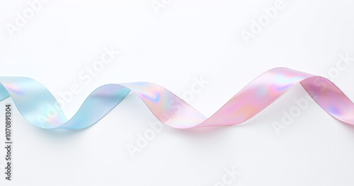 Iridescent ribbon adorns a white background featuring a holographic color gradient and fluid minimalist design elements