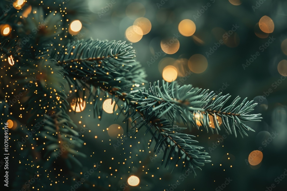 A close-up view of a pine tree with lights in the background A close-up view of a pine tree with lights in the background
