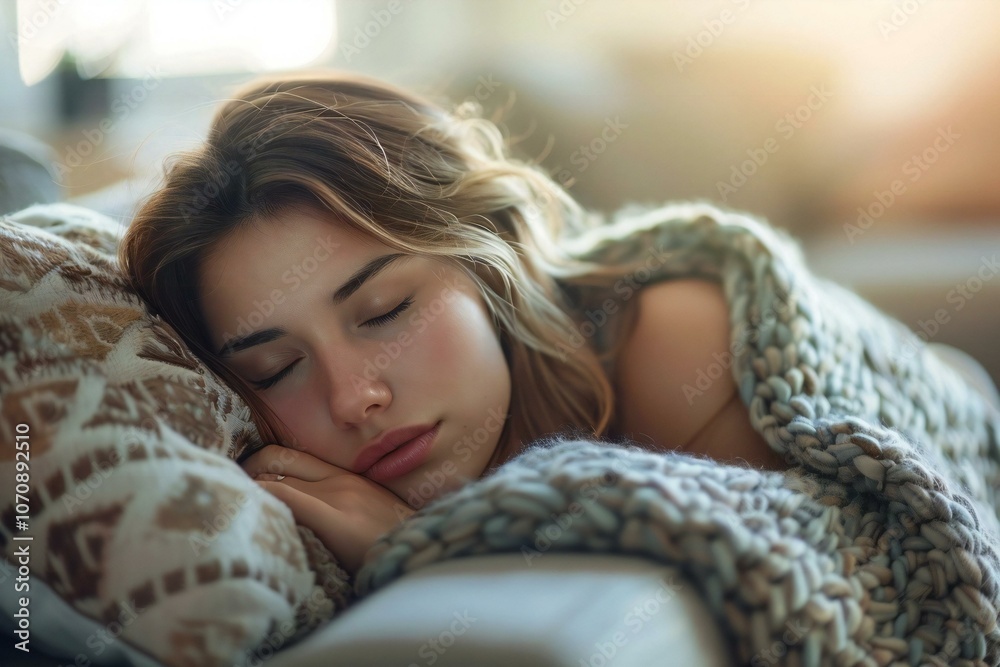 young woman napping on a comfortable sofa in her home, possibly dealing with PMS symptoms or the flu. young woman napping on a comfortable sofa in her home, possibly dealing with PMS symptoms or the flu.