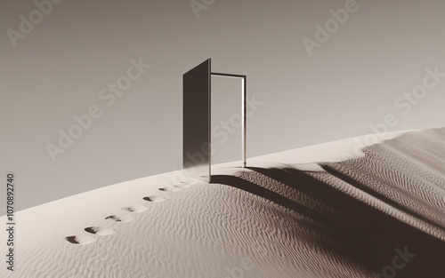 Open Door in the Desert: A single, open door stands on a desolate, sandy landscape, casting a long shadow across the dunes. The scene evokes a sense of mystery and possibility. photo