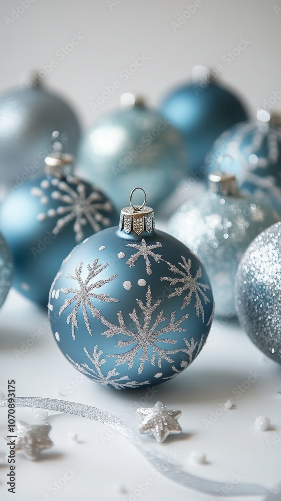 Decorative blue Christmas ornaments with snowflake designs on a soft white background Decorative blue Christmas ornaments with snowflake designs on a soft white background