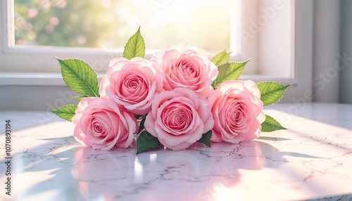 a bouquet of pink roses with a green leaf.
