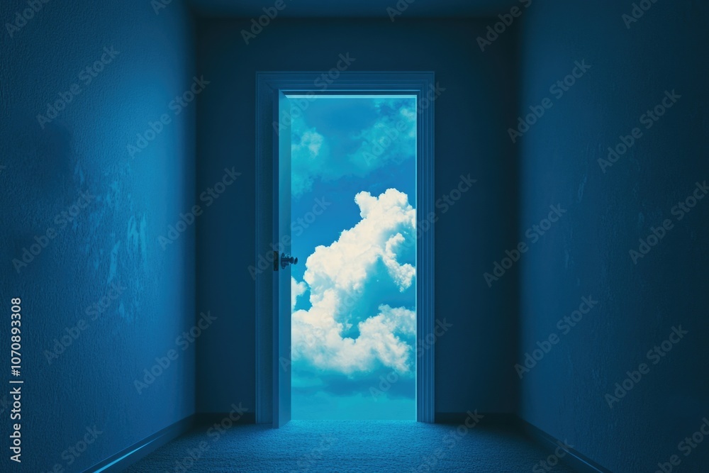Fototapeta premium A wide open door with a bright blue sky visible through the doorway