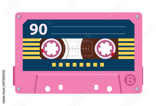 Cartoon 90s analogue cassette. Retro audio tape cassette, 80s tape record, vintage music audio cassette flat vector illustration. Old school player tape