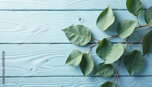 a blue painted wall with leaves and a blue background.