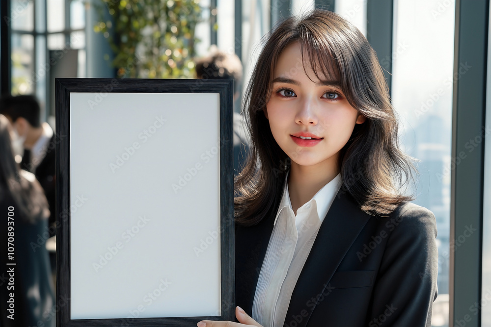 Asian woman wearing a Black sharp suit paired with white shirt inside . holds an empty white mockup of a large, thin black wooden poster frame Asian woman wearing a Black sharp suit paired with white shirt inside . holds an empty white mockup of a large, thin black wooden poster frame