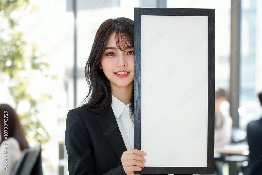 Asian woman wearing a Black sharp suit paired with white shirt inside . holds an empty white mockup of a large, thin black wooden poster frame Asian woman wearing a Black sharp suit paired with white shirt inside . holds an empty white mockup of a large, thin black wooden poster frame