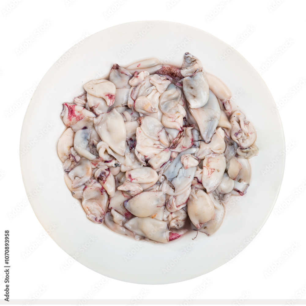 Raw squid sliced into pieces for a delicious lemon and garlic lunch. Isolated over white background Raw squid sliced into pieces for a delicious lemon and garlic lunch. Isolated over white background