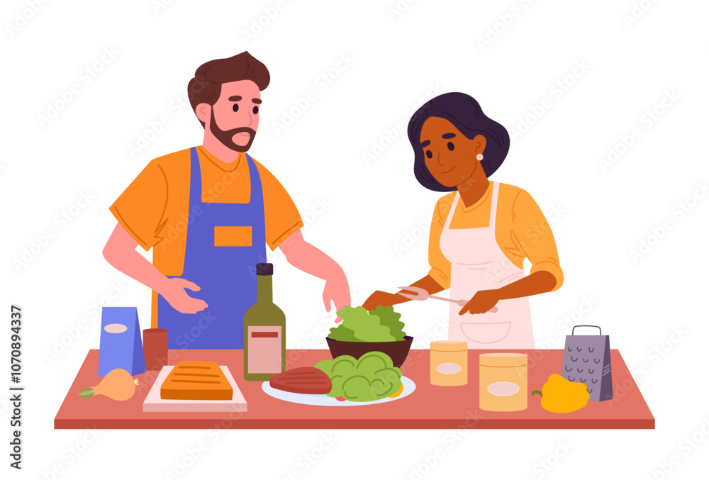 Cooking couple. Family cooking at home, tasty dishes, preparing food at home flat vector illustration. Homemade meal preparation Cooking couple. Family cooking at home, tasty dishes, preparing food at home flat vector illustration. Homemade meal preparation