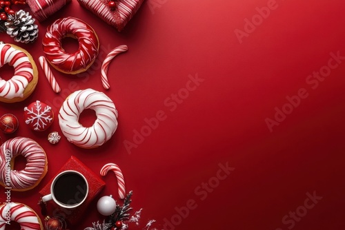 Festive holiday arrangement with christmas donuts and candy canes on red background