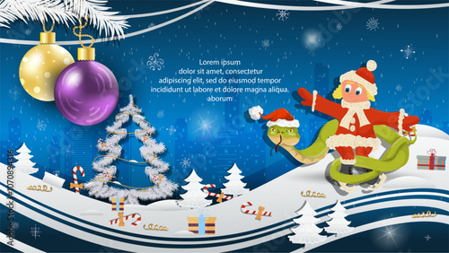 Christmas and New Year illustration Christmas tree balls on a fir tree A snake in a Santa Claus hat wraps around a girl on skates